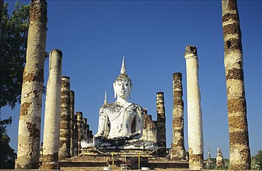 泰国,素可泰,玛哈泰寺,佛像,柱子