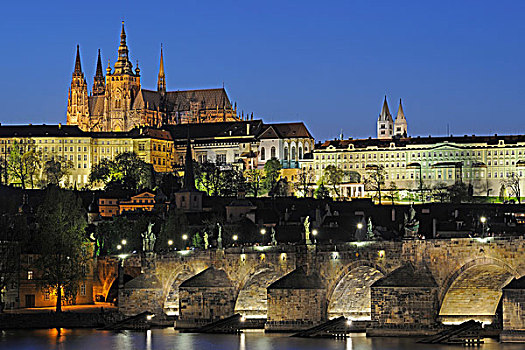 风景,伏尔塔瓦河,河,查理大桥,大教堂,夜晚,世界遗产,布拉格,波希米亚,捷克共和国,欧洲