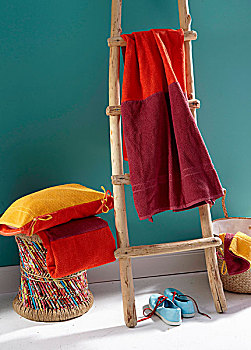 毛巾,染,多样,红色,上方,木质,梯子