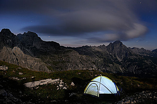 野营,帐蓬,满月,山脉,提洛尔,奥地利,欧洲