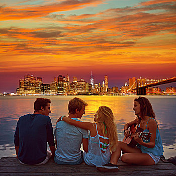 朋友,群体,弹吉他,日落,码头,黄昏,纽约,照片