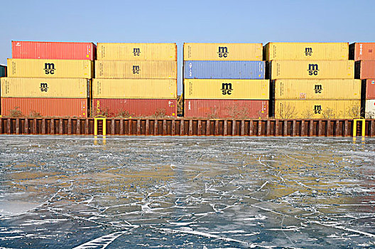 冰冻,冰,港口,集装箱码头,多特蒙德,鲁尔区,北莱茵-威斯特伐利亚,德国,欧洲