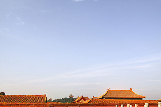 蓝天白云下的故宫宫墙与宫殿群