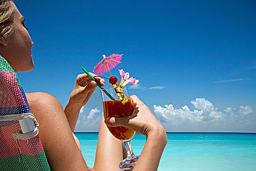 女人,热带,饮料,海滩