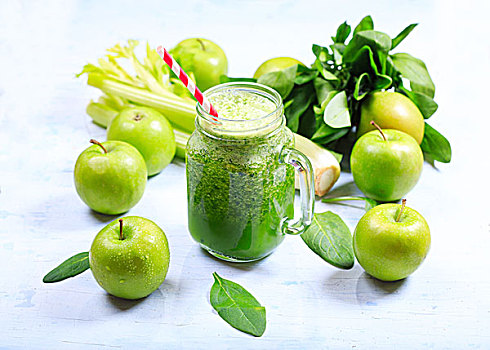 罐,绿色,冰沙,苹果,芹菜,菠菜