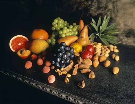 水果,坚果,静物,石头,桌子