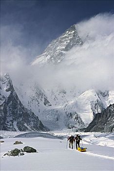 滑雪者,接近,乔戈里峰,顶峰,世界,喀喇昆仑山,巴基斯坦