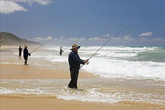 澳大利亚,昆士兰,弗雷泽岛,捕鱼者,涉水,海浪,英里,海滩,东海岸,岛屿,钓鱼,巨大,数字,垂钓