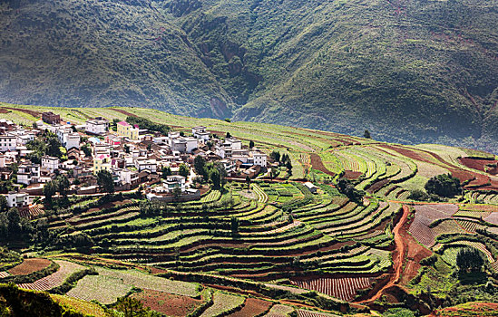 中国云南东川的红色土地田园风光