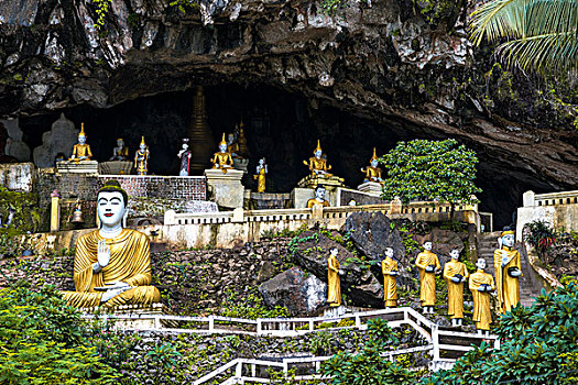 佛像,塔,洞穴,喀斯特地貌,山,靠近,克伦邦,缅甸,亚洲