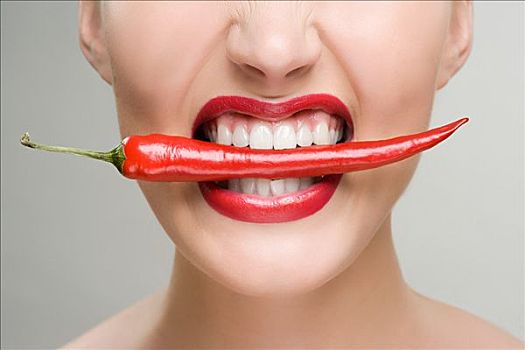女人,红辣椒,牙齿
