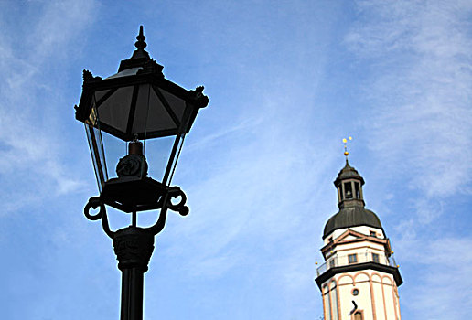 路灯,钟楼,教堂,背影,莱比锡,萨克森,德国,欧洲