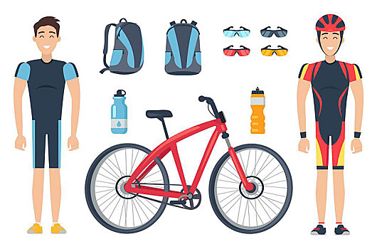 男性,靠近,自行车,隔绝,白色背景,特别,衣服,红色,瓶子,水,墨镜,包,矢量,彩色,插画,设计
