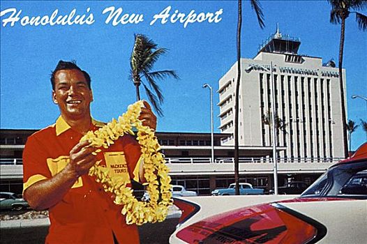 夏威夷,瓦胡岛,服务,新,机场,男人,微笑,花环,明信片