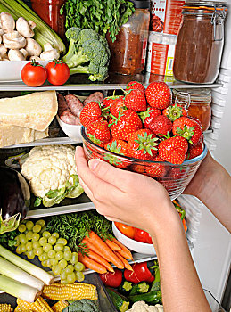 女人,碗,新鲜,草莓,冰箱