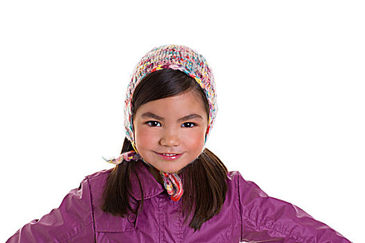 亚洲人,孩子,儿童,女孩,冬季,头像,紫色,外套,羊毛帽