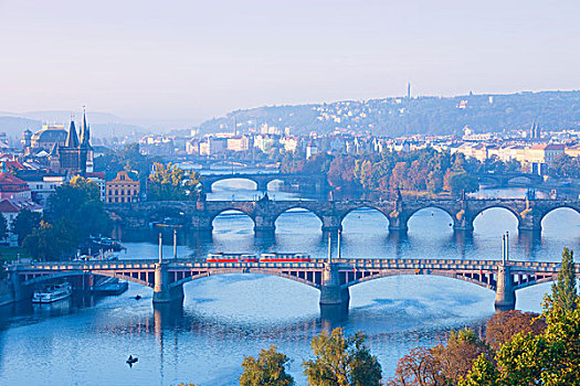 捷克共和国,布拉格,桥,上方,伏尔塔瓦河,河,早晨,亮光