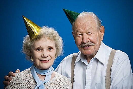 老年,夫妻,戴着,派对帽