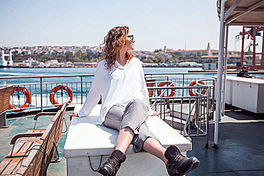 美女,游客,坐,乘客,渡轮,甲板,贝亚,土耳其
