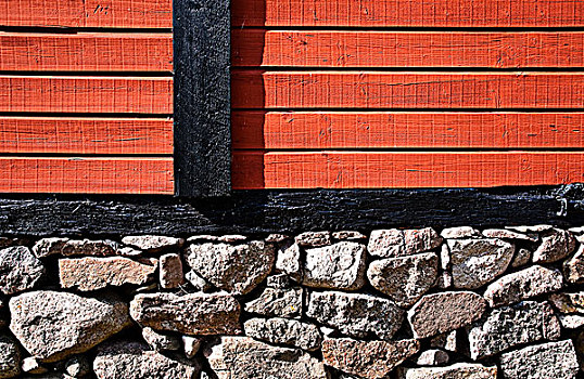 瑞典,木屋,红色,石墙,特写