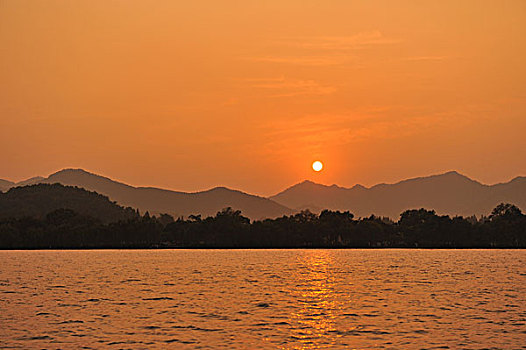 夕阳湖,山,远景,杭州,中国