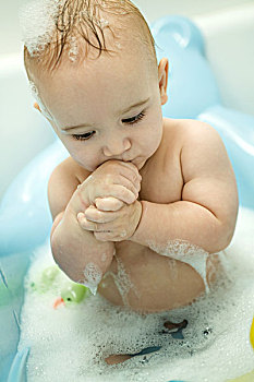 婴儿,沐浴,水,握手,向上,脸