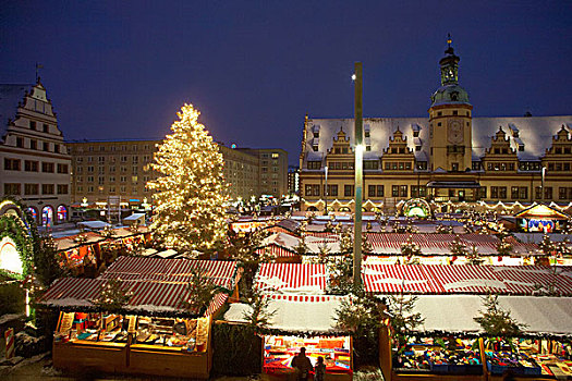 圣诞市场,老市政厅,圣诞树,莱比锡,萨克森,德国,欧洲