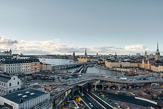 桥,轨道,教堂塔,城市,水,运河,斯德哥尔摩,瑞典