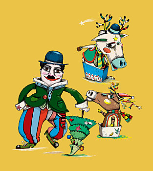 插画,小丑,树,驯鹿,圣诞节