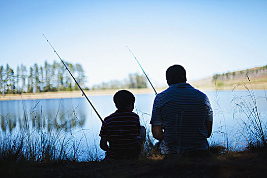 父亲,钓鱼,儿子,湖