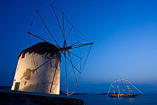 希腊,米克诺斯岛,泛光灯照明,风车,前景,光亮,奢华,游艇,港口