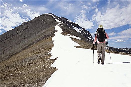 女人,远足,落基山脉,艾伯塔省,加拿大