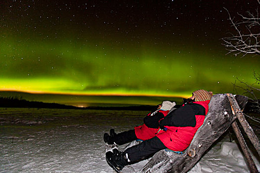 两个人,坐,木椅,看,北方,极光,靠近,怀特霍斯,育空地区,加拿大,北美