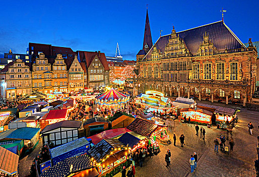 光亮,圣诞市场,市政厅,广场,正面,连栋房屋,塔,暮光,不莱梅,德国,欧洲