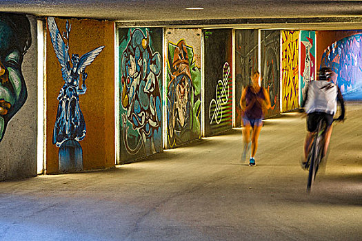 行人,地下通道,涂鸦,艺术,骑车,慢跑,马克西米利安,公园,慕尼黑,上巴伐利亚,巴伐利亚,德国,欧洲