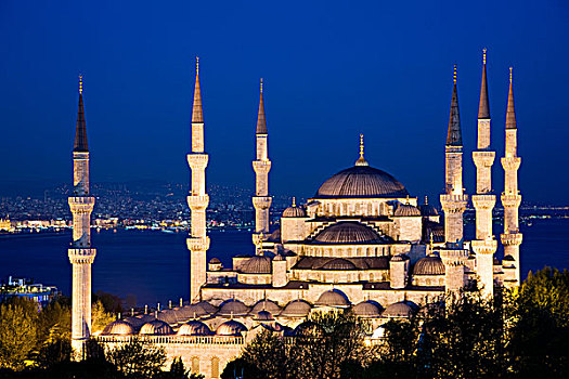 蓝色清真寺,夜晚,伊斯坦布尔,土耳其