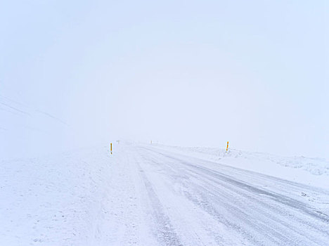 山景,北方,冰岛,冬天,道路,状况,遮盖,冰,雪,密集,雾,欧洲,北欧,二月,大幅,尺寸