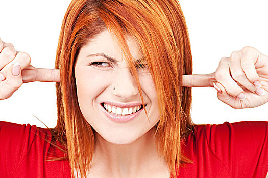 不开心,红发,女人,堵耳朵
