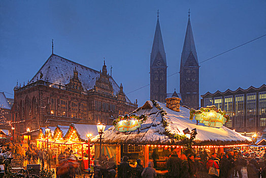 老市政厅,大教堂,圣诞市场,市场,黄昏,不莱梅,德国,欧洲