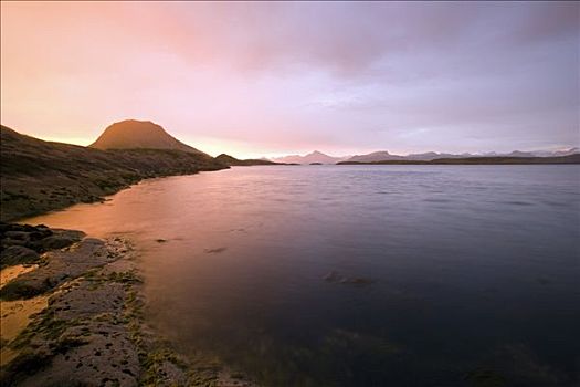 挪威,诺尔兰郡,海格兰德,夏天,沿岸,子夜太阳,海岸线