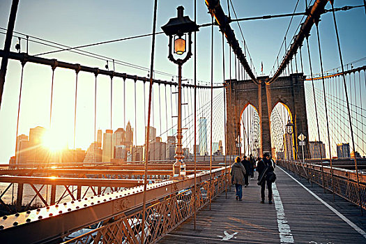 走,布鲁克林大桥,行人,日落,市区,曼哈顿,纽约
