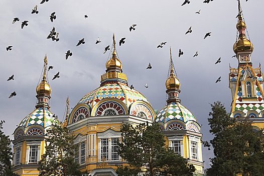 鸽子,飞跃,大教堂,阿拉木图,哈萨克斯坦