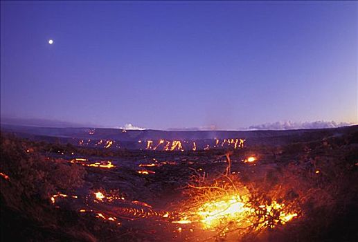 夏威夷,夏威夷大岛,夏威夷火山国家公园,满月,上方,熔岩流,黄昏