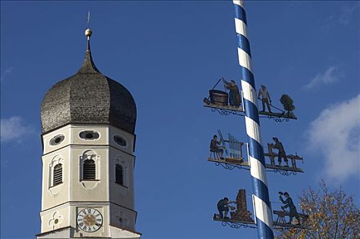 尖顶,教堂,五月花柱,上巴伐利亚,巴伐利亚,德国,欧洲
