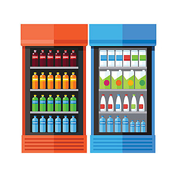 两个,冰箱,饮料,橙色,降温,瓶子,不同,彩色,电冰箱,机器,隔绝,物体,设计,白色背景,背景