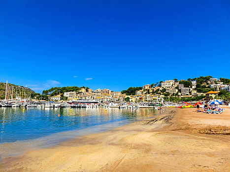 风景,海滩,港口,人,躺着,沙子,巴利阿里群岛,西班牙