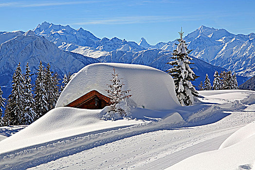 积雪,山区木屋,背影,顶峰,马塔角,阿莱奇地区,瓦莱,瑞士,欧洲