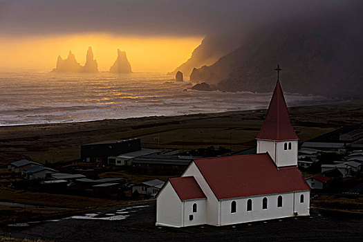教堂,日落,南方,区域,冰岛,欧洲