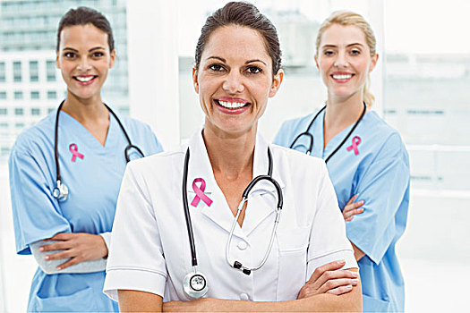 合成效果,图像,粉色,乳腺癌,意识,带,头像,自信,女性,医生,双臂交叉