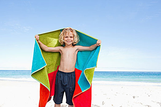 小男孩,毛巾,海滩